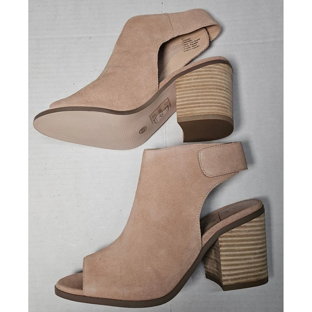 Sole Society Jagger Block Heel Peep Toe Booties Caramel Suede Women's Size 6.5‎